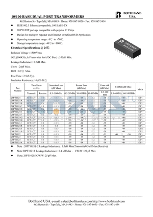20PT1021C datasheet - 10/100 BASE DUAL PORT TRANSFORMERS