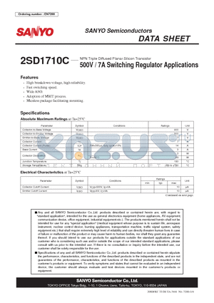 2SD1710C datasheet - NPN Triple Diffused Planar Silicon Transistor 500V / 7A Switching Regulator Applications