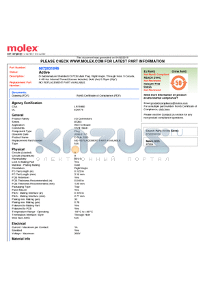 0872031046 datasheet - D-Subminiature Shielded I/O PCB Male Plug, Right Angle, Through Hole, 9 Circuits, 4-40 Hex Internal Thread Screws Included, Gold (Au) 0.76lm (30l)