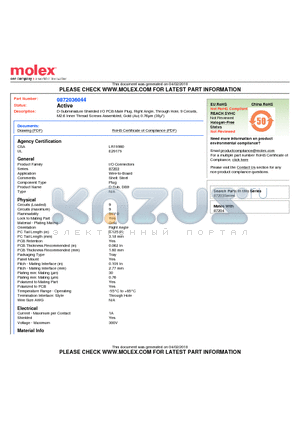 0872036044 datasheet - D-Subminiature Shielded I/O PCB Male Plug, Right Angle, Through Hole, 9 Circuits, M2.6 Inner Thread Screws Assembled, Gold (Au) 0.76lm (30l)