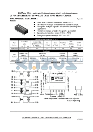 20PT1021G datasheet - 20 PIN DIP ETHERNET 10/100 BASE DUAL PORT TRANSFORMER