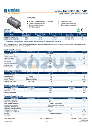 AMER120-30400KZ-C1 datasheet - up to 4000mA | AC-DC LED driver