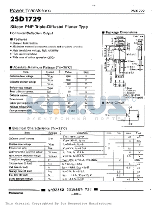 2SD1729 datasheet - SILICON PNP TRIPLE DIFFUSED PLANAR TYPE HORIZONTAL DEFLECTION OUTPUT