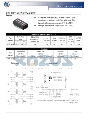 20PT1021IZ datasheet - 10/100 BASE DUAL PORT TRANSFOMER FOR MDIX APPLICATION