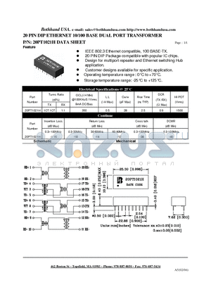 20PT1021H datasheet - 20 PIN DIP ETHERNET 10/100 BASE DUAL PORT TRANSFORMER