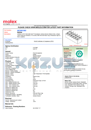 0872631093 datasheet - 2.00mm (.079) Pitch Milli-Grid Receptacle, Surface Mount, Bottom Entry, 0.38lm (15l) Gold (Au) Selective, 10 Circuits, with Pick-and-Place Cap