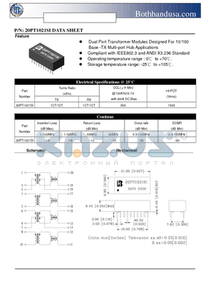 20PT1021SI datasheet - 10/100 BASE DUAL PORT TRANSFOMER FOR MDIX APPLICATION