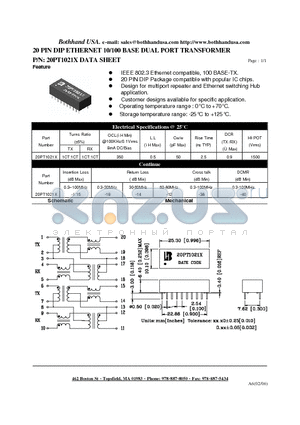 20PT1021X datasheet - 20 PIN DIP ETHERNET 10/100 BASE DUAL PORT TRANSFORMER