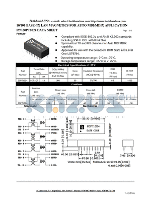 20PT1024 datasheet - 10/100 BASE-TX LAN MAGNETICS FOR AUTO MDI/MDIX APPLICATION