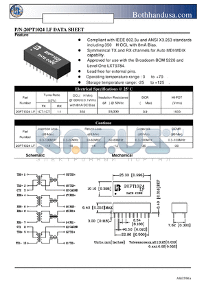 20PT1024-LF datasheet - 10/100 BASE-TX LAN MAGNETICS FOR AUTO MDI/MDIX APPLICATION