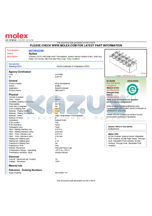 0872633206 datasheet - 2.00mm (.079) Pitch Milli-Grid Receptacle, Surface Mount, Bottom Entry, Gold (Au) Flash, 32 Circuits, with Pick-and-Place Cap, Tube, Leadfree