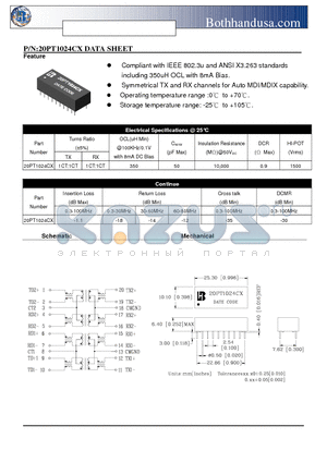 20PT1024CX datasheet - 10/100 BASE-TX LAN MAGNETICS FOR AUTO MDI/MDIX APPLICATION