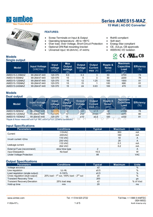 AMES15-15SMAZ datasheet - 15 Watt | AC-DC Converter