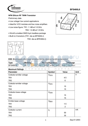 BFS466L6 datasheet - NPN Silicon RF TWIN Transistor