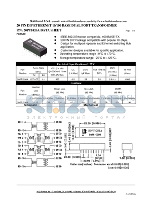 20PT1026A datasheet - 20 PIN DIP ETHERNET 10/100 BASE DUAL PORT TRANSFORMER