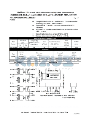 20PT1028X datasheet - 100/1000 BASE-TX LAN MAGNETICS FOR AUTO MDI/MDIX APPLICATION