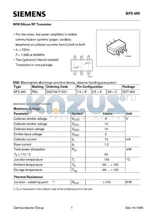 BFS480 datasheet - NPN Silicon RF Transistor (For low noise, low-power amplifiers in mobile communication systems)