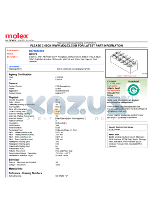 0872633693 datasheet - 2.00mm (.079) Pitch Milli-Grid Receptacle, Surface Mount, Bottom Entry, 0.38lm (15l) Gold (Au) Selective, 36 Circuits, with Pick-and- Place Cap, Tape on Reel