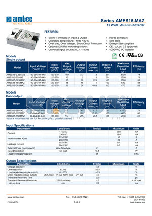 AMES15-MAZ datasheet - 15 Watt | AC-DC Converter