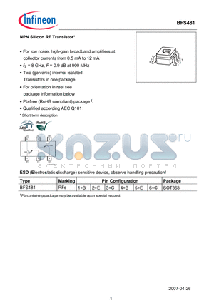 BFS481 datasheet - NPN Silicon RF Transistor