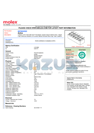 0872634423 datasheet - 2.00mm (.079) Pitch Milli-Grid Receptacle, Surface Mount, Bottom Entry, 0.38lm (15l) Gold (Au) Selective, 44 Circuits, without Pick-and-Place Cap, Tube, Leadfree