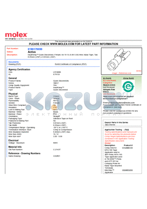 C-2143T datasheet - InsulKrimp Quick Disconnect, Female, for 10-12 (5.00-3.30) Wire, Mylar Tape, Tab6.35mm (.250