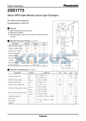 2SD1773 datasheet - Silicon NPN triple diffusion planar type Darlington(For midium speed switching)