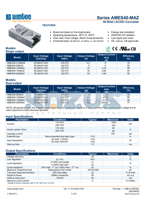 AMES40-24DMAZ datasheet - 40 Watt | AC/DC Converter