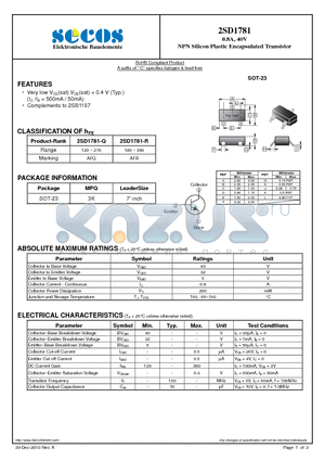 2SD1781 datasheet - NPN Silicon Plastic Encapsulated Transistor