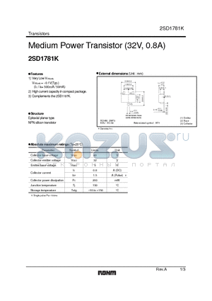 2SD1781K datasheet - Medium Power Transistor (32V, 0.8A)