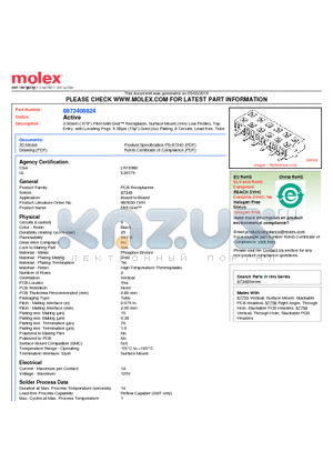 0873400824 datasheet - 2.00mm (.079) Pitch Milli-Grid Receptacle, Surface Mount (Very Low Profile), Top Entry, with Locating Pegs, 0.38lm (15l) Gold (Au) Plating, 8 Circuits, Lead-free