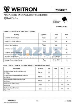 2SD1802 datasheet - NPN PLASTIC ENCAPSULATE TRANSISTORS