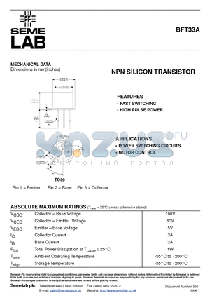 BFT33A datasheet - NPN SILICON TRANSISTOR