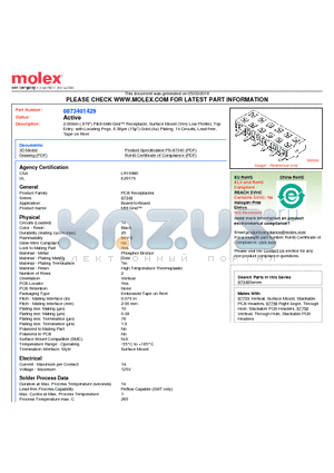 0873401429 datasheet - 2.00mm (.079) Pitch Milli-Grid Receptacle, Surface Mount (Very Low Profile), Top Entry, with Locating Pegs, 0.38lm (15l) Gold (Au) Plating, 14 Circuits, Lead-free