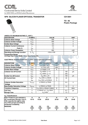 CD13001A datasheet - NPN SILICON PLANAR EPITAXIAL TRANSISTOR