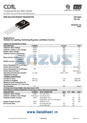 CD13003 datasheet - NPN SILICON POWER TRANSISTOR