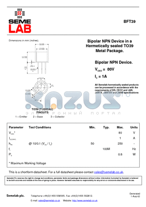 BFT39 datasheet - Bipolar NPN Device in a Hermetically sealed TO39