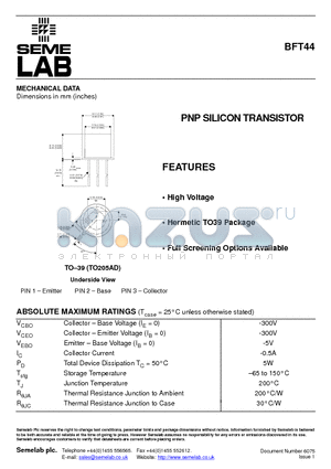 BFT44 datasheet - PNP SILICON TRANSISTOR