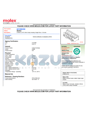 0873690400 datasheet - 2.00mm (.079) Pitch Crimp Housing, Single Row, 4 Circuits