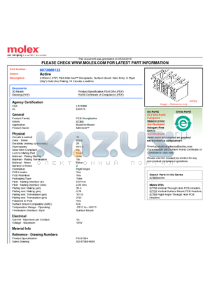 0873686122 datasheet - 2.00mm (.079) Pitch Milli-Grid Receptacle, Surface Mount, Side Entry, 0.76lm (30l) Gold (Au) Plating, 10 Circuits, Leadfree