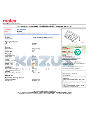 0873691600 datasheet - 2.00mm (.079) Pitch Crimp Housing, Single Row, 16 Circuits