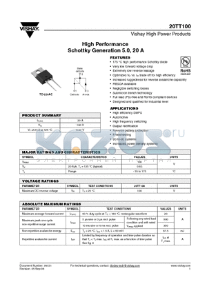 20TT100 datasheet - High Performance Schottky Generation 5.0, 20 A