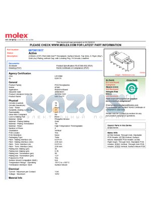 0873811617 datasheet - 2.00mm (.079) Pitch Milli-Grid Receptacle, Surface Mount, Top Entry, 0.76lm (30l) Gold (Au) Plating, without Cap, with Locating Peg, 16 Circuits, Leadfree