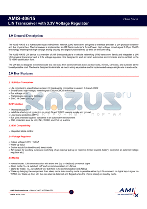 AMIS-40615 datasheet - LIN Transceiver with 3.3V Voltage Regulator