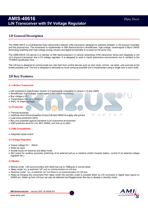 AMIS-40616 datasheet - LIN Transceiver with 5V Voltage Regulator