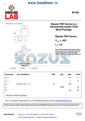 BFT80 datasheet - Bipolar PNP Device in a Hermetically sealed TO39 Metal Package.