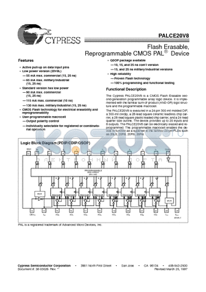 20V8 datasheet - Flash Erasable, Reprogrammable CMOS PAL Device