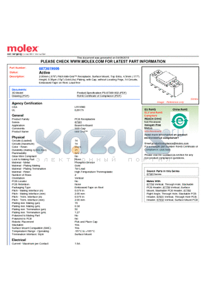 0873819006 datasheet - 2.00mm (.079) Pitch Milli-Grid Receptacle, Surface Mount, Top Entry, 4.5mm (.177) Height, 0.38lm (15l) Gold (Au) Plating, with Cap, without Locating Pegs