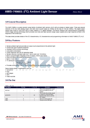 AMIS-749803 datasheet - (I2C) Ambient Light Sensor