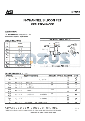 BFW13 datasheet - N-CHANNEL SILICON FET DEPLETION MODE
